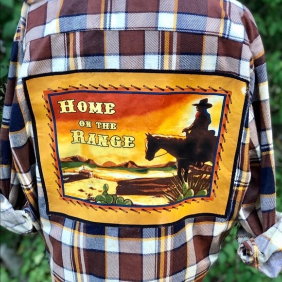 Upcycled Vtg Flannel Shirt with Cowboy Appliqué - Picture 2 of 7